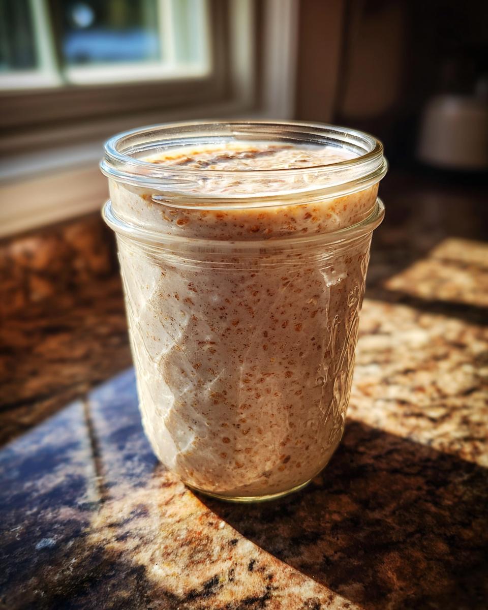 A close-up of high protein overnight oats in a glass jar, bathed in sunlight.