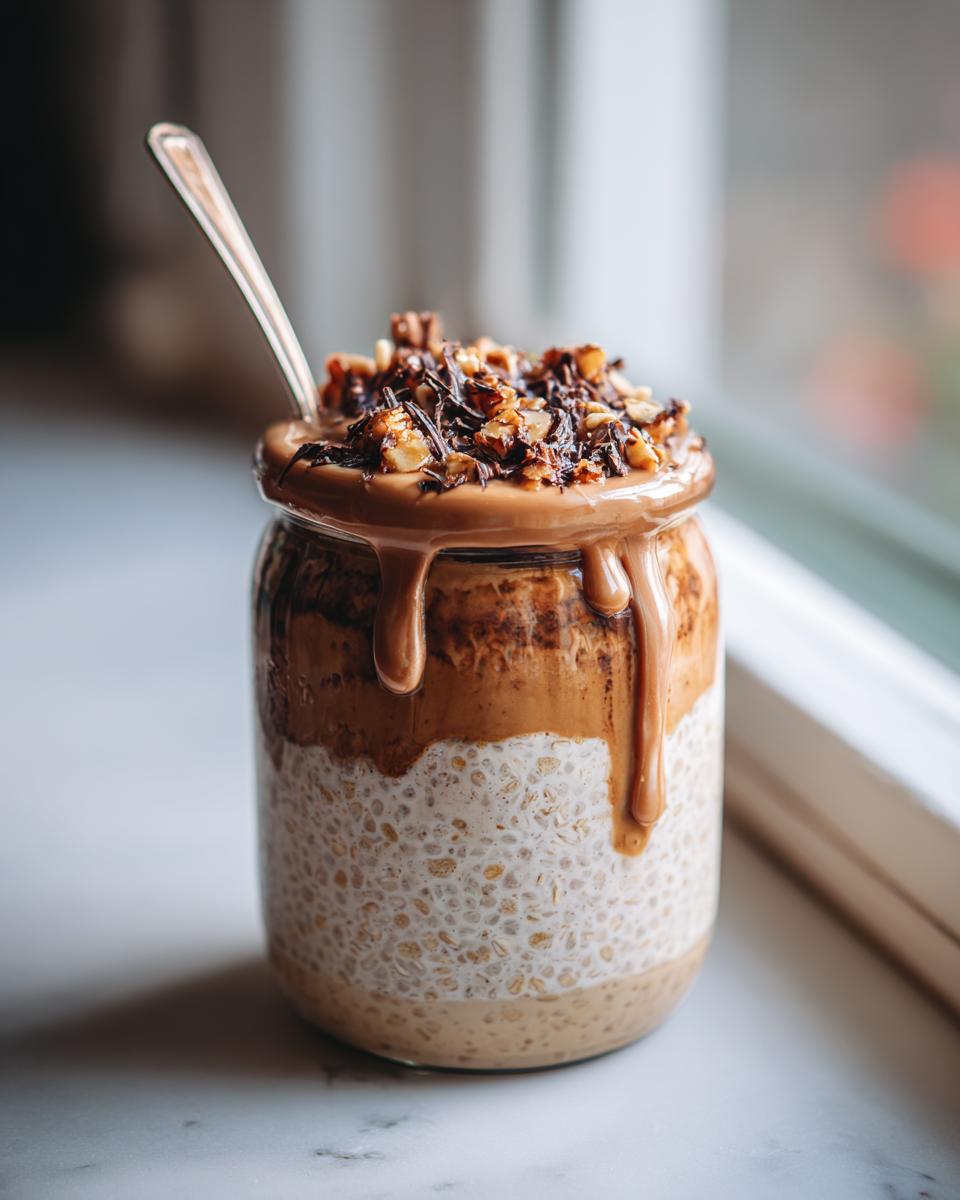 Close-up of high protein overnight oats in a jar, topped with peanut butter drizzle and nuts.