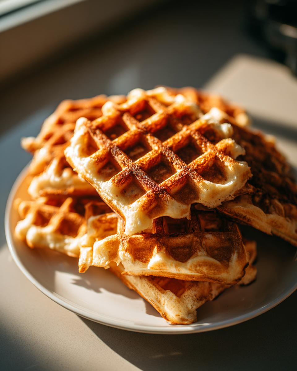 A close-up stack of golden-brown high protein waffles on a white plate, bathed in natural light.