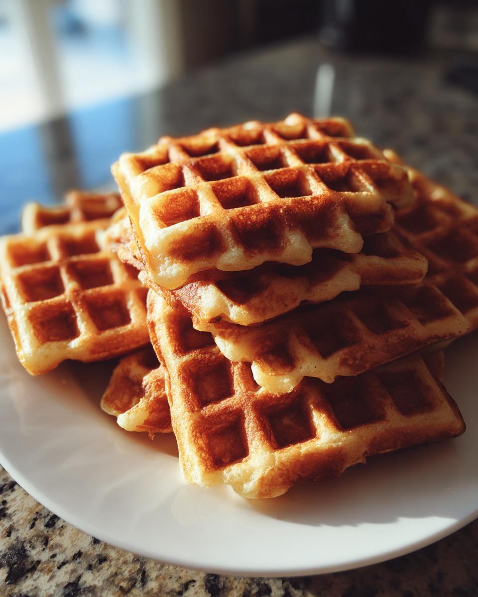 A stack of golden-brown high protein waffles on a white plate, ready to be enjoyed.