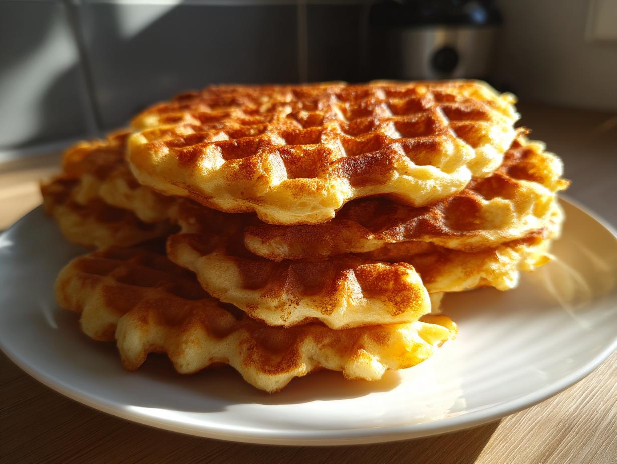 A close-up view of a stack of golden-brown high protein waffles on a white plate, bathed in sunlight.