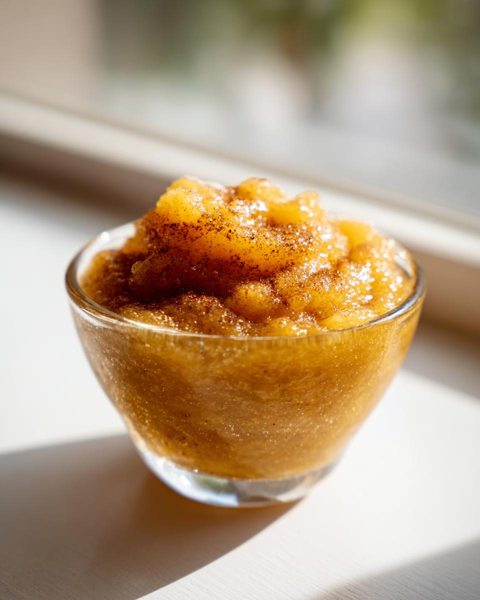 A close-up shot of a glass bowl filled with textured homemade applesauce, dusted with cinnamon.