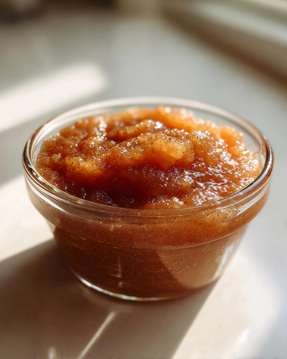 Close-up of delicious homemade applesauce in a clear glass bowl, with visible cinnamon specks.