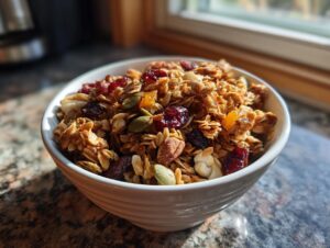 A white bowl filled with delicious homemade granola, featuring oats, nuts, dried cranberries, and pumpkin seeds.