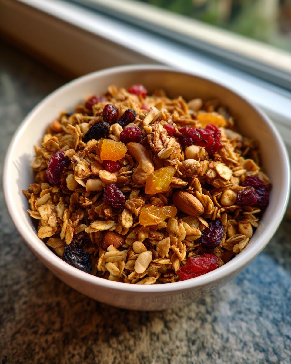 A close-up of a bowl filled with delicious homemade granola, featuring oats, dried cranberries, raisins, apricots, almonds, and cashews.