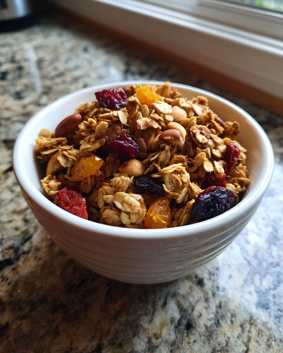 A white bowl filled with delicious homemade granola, featuring oats, nuts, dried cranberries, and apricots.