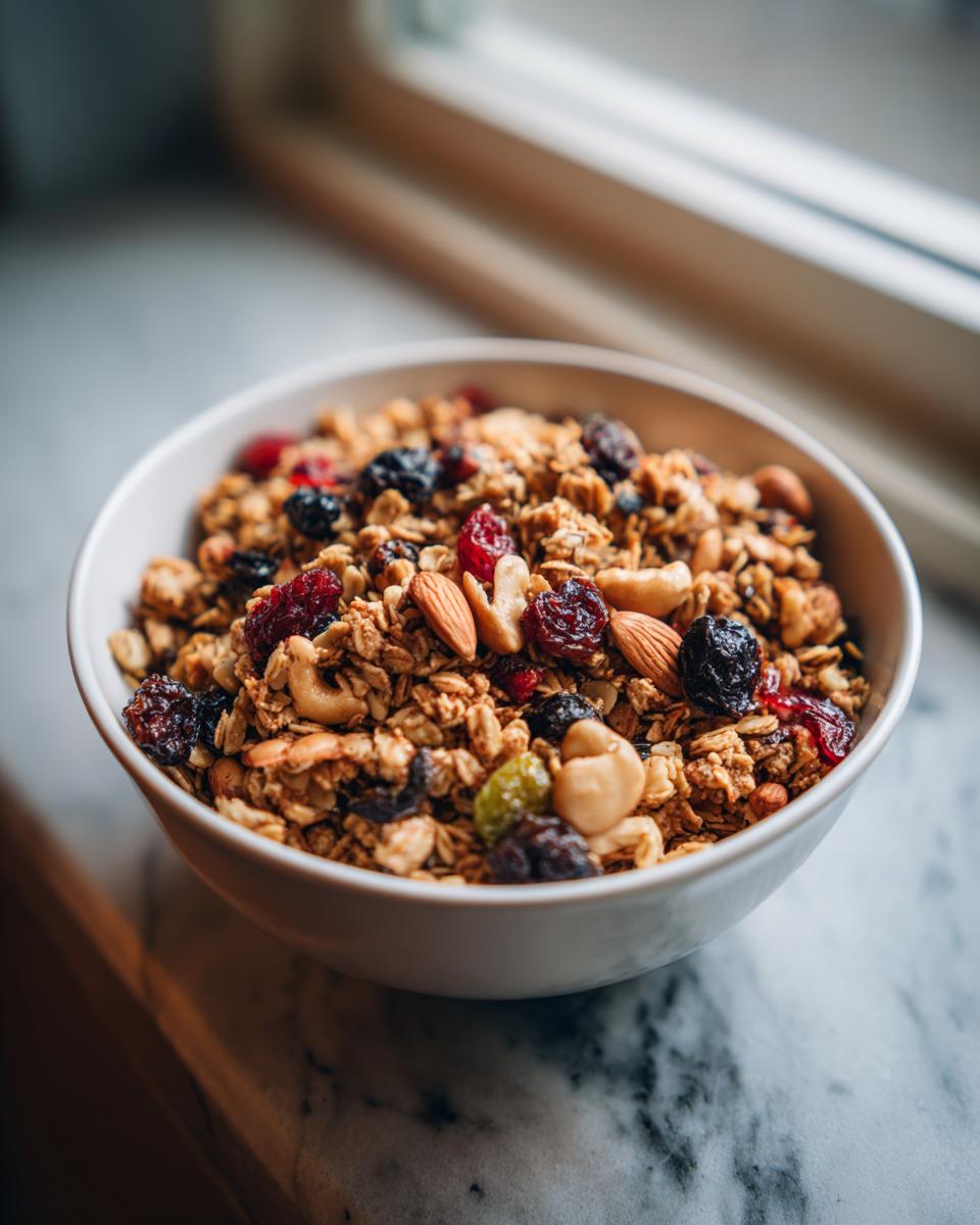 A close-up of a white bowl filled with homemade granola, featuring almonds, cashews, cranberries, and blueberries.