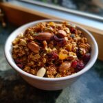 A close-up of a white bowl filled with homemade granola, featuring almonds, dried cranberries, pumpkin seeds, and oats.