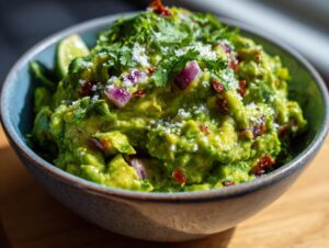 A close-up of a blue bowl filled with vibrant green homemade guacamole, topped with cilantro, red onion, and a lime wedge.
