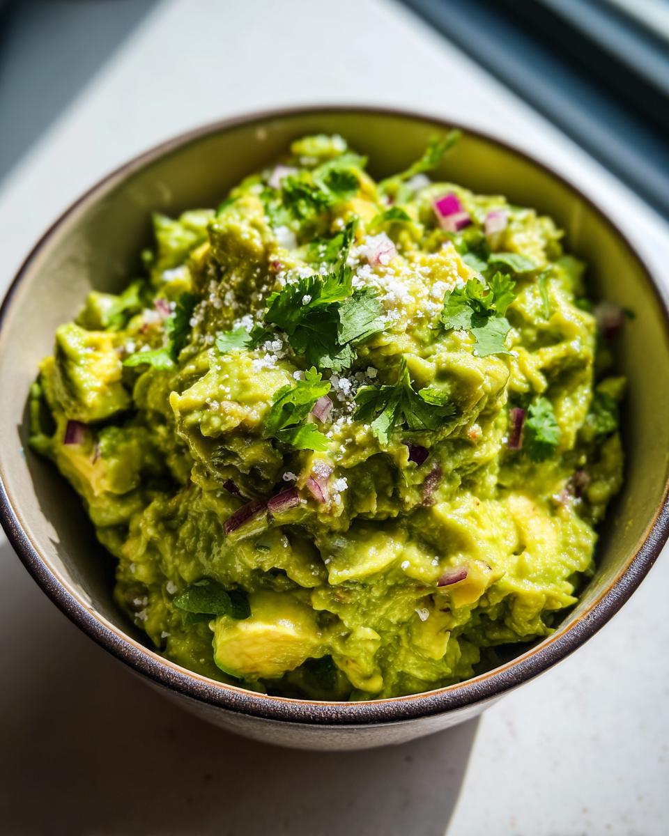 Close-up of a bowl filled with chunky Homemade Guacamole, garnished with cilantro and red onion.