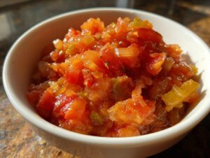 Close-up of a white bowl filled with vibrant, chunky homemade salsa made from diced tomatoes, onions, and peppers.