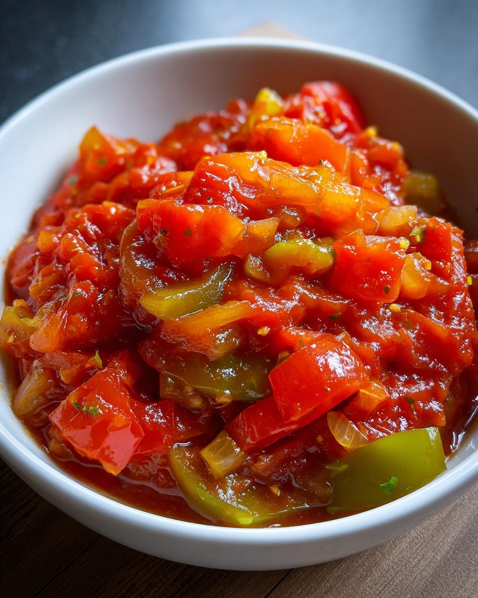 Close-up of vibrant homemade salsa in a white bowl, featuring chopped tomatoes, green peppers, and onions.