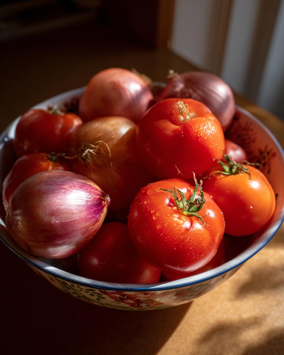 A bowl filled with fresh, ripe tomatoes and red onions, ready to be made into homemade salsa.
