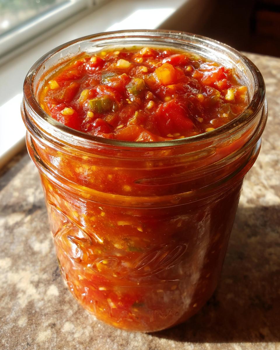 A close-up of a glass jar filled with vibrant homemade tomato salsa canning, showing chunks of tomatoes and peppers.