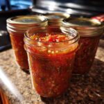 Close-up of jars filled with vibrant homemade tomato salsa, ready for canning.
