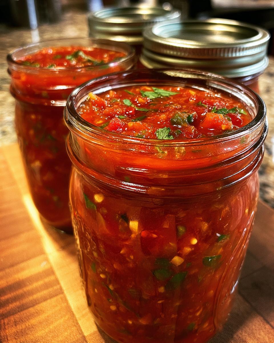 Close-up of jars filled with homemade tomato salsa canning, showing chunky tomatoes, peppers, and herbs.