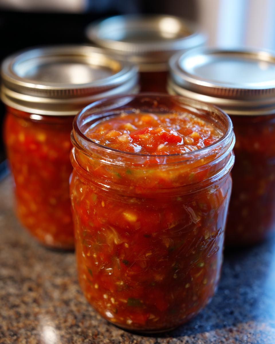 Close-up of a jar filled with vibrant homemade tomato salsa, ready for canning.