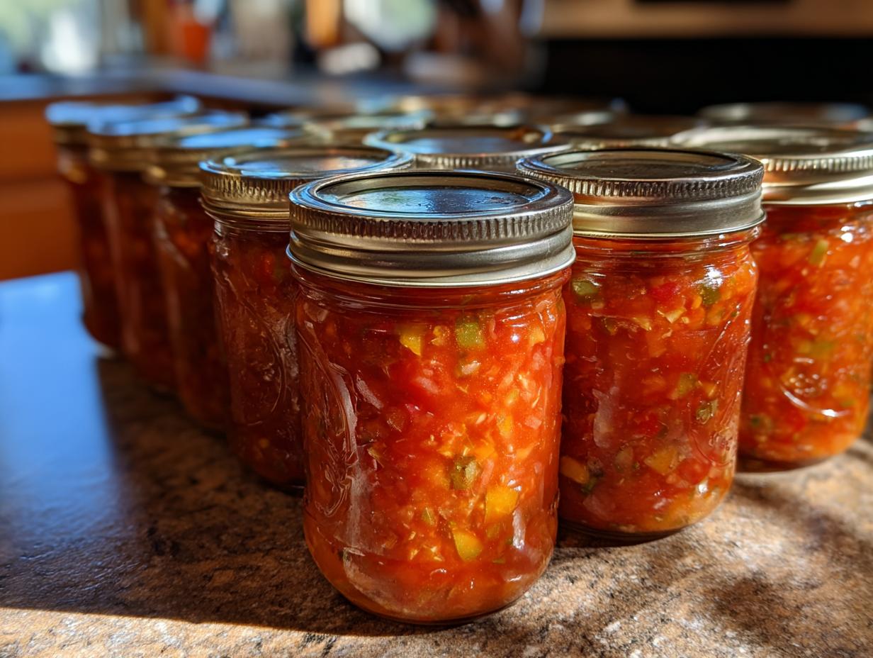 Several jars filled with homemade tomato salsa canning, lined up on a counter.