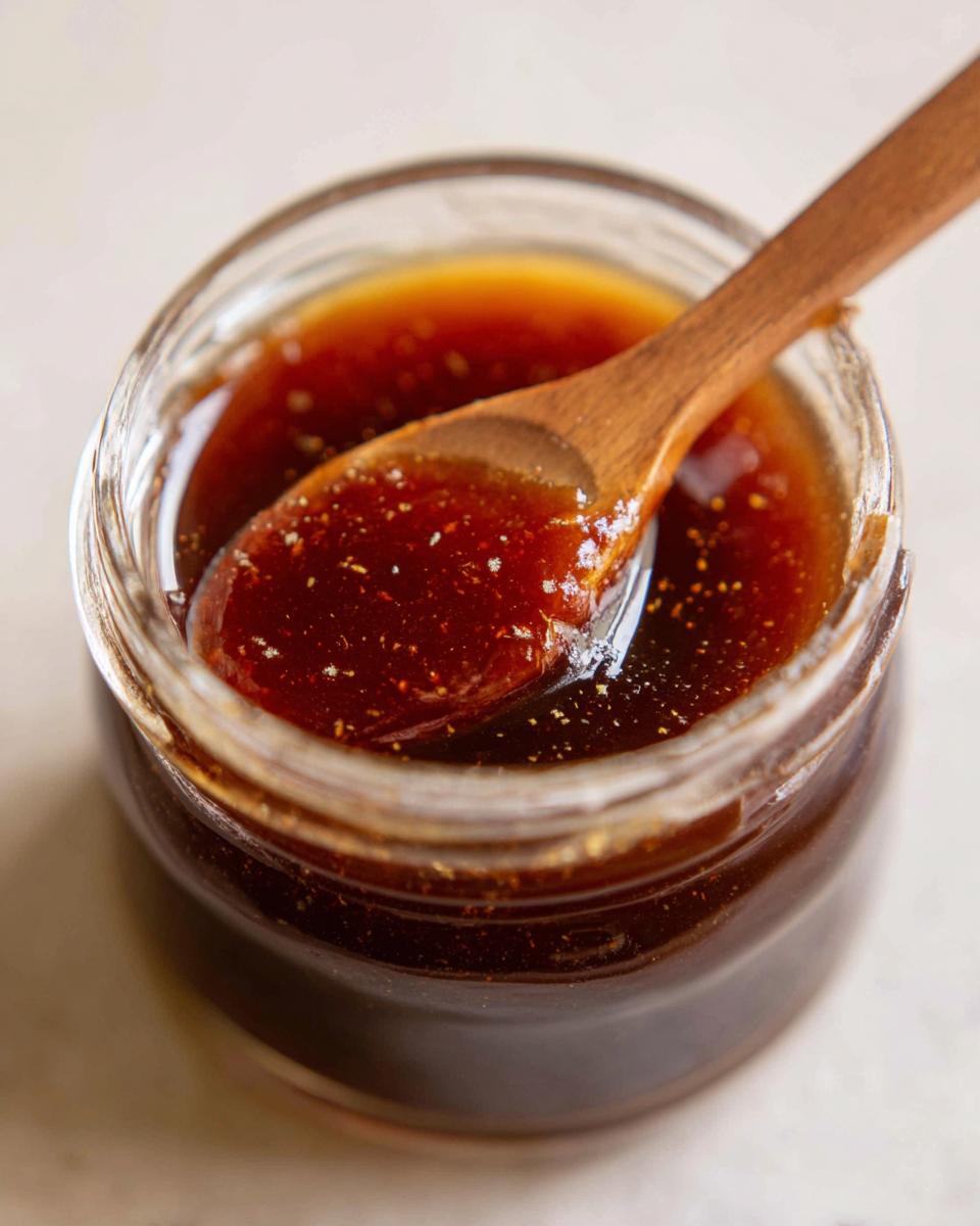 Close-up of a jar filled with glossy honey BBQ sauce, a wooden spoon rests inside.