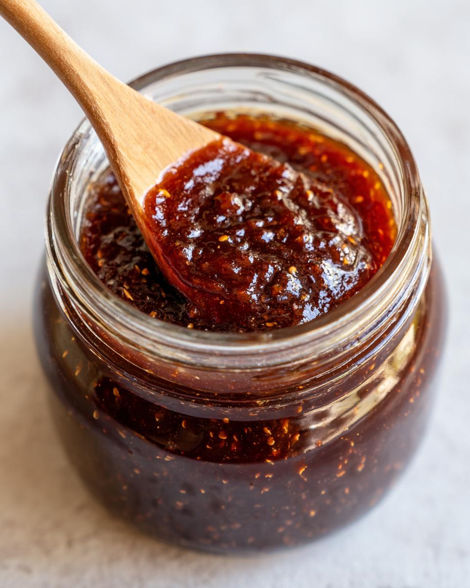 A wooden spoon scooping out rich, dark honey BBQ sauce from a glass jar.