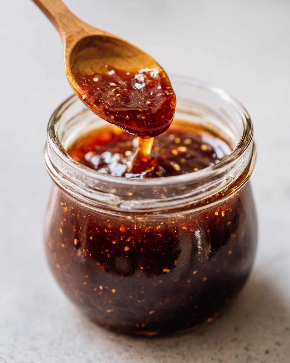 A wooden spoon dripping thick, glossy honey BBQ sauce into a glass jar.