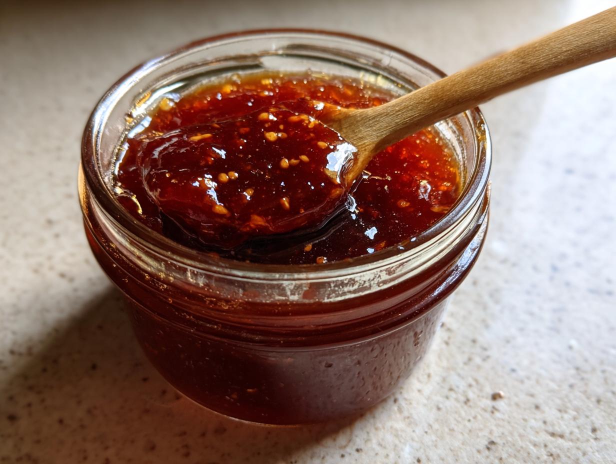 A wooden spoon scoops out thick, glossy honey BBQ sauce from a glass jar.