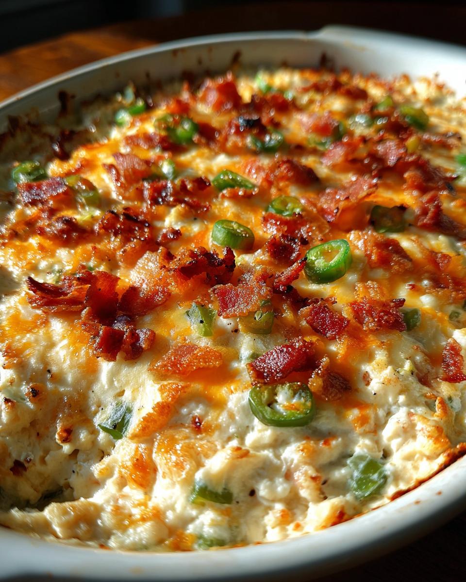 Close-up of a creamy Jalapeño Popper Dip baked in a white dish, topped with crispy bacon, melted cheese, and sliced jalapeños.