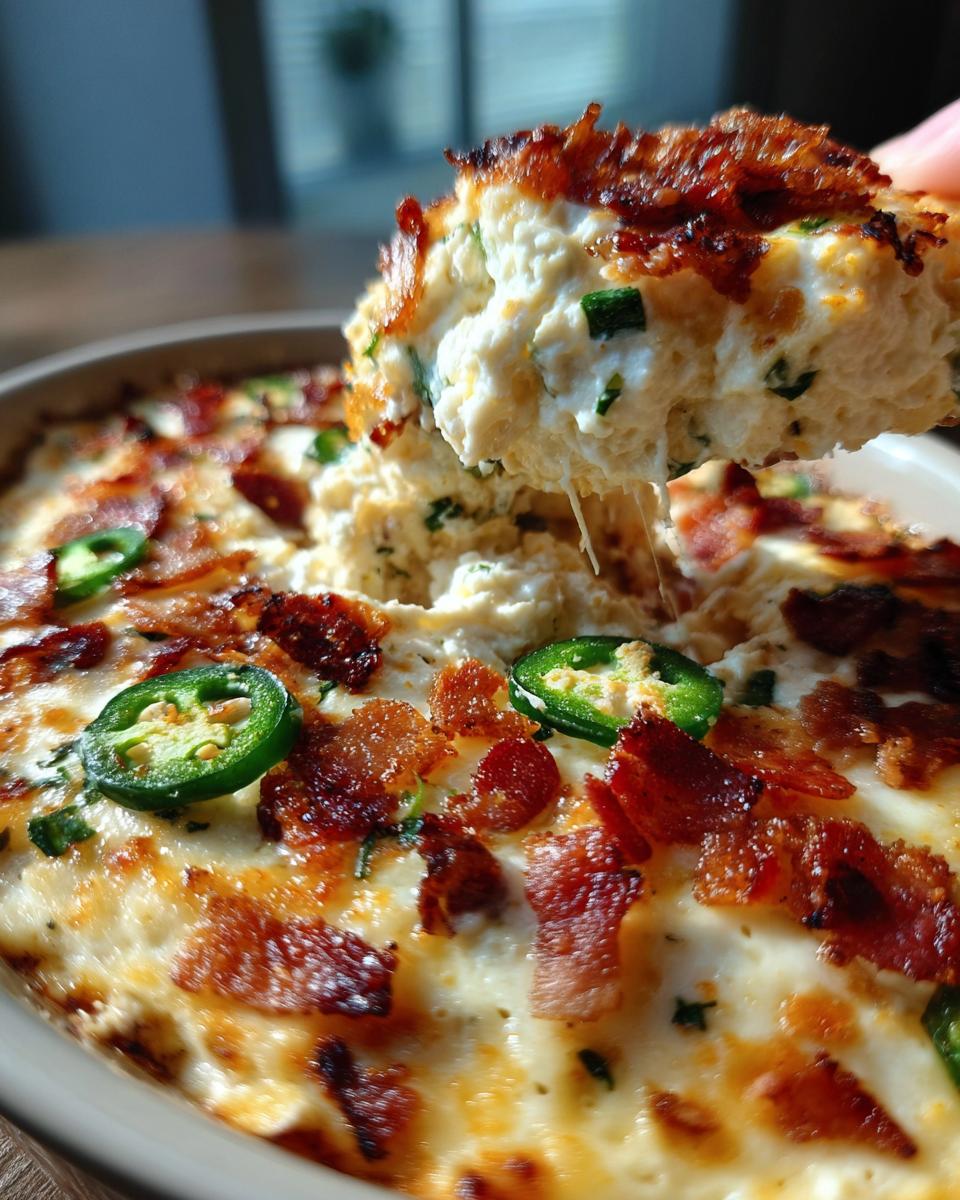 A scoop of creamy Jalapeño Popper Dip topped with crispy bacon and fresh jalapeño slices.