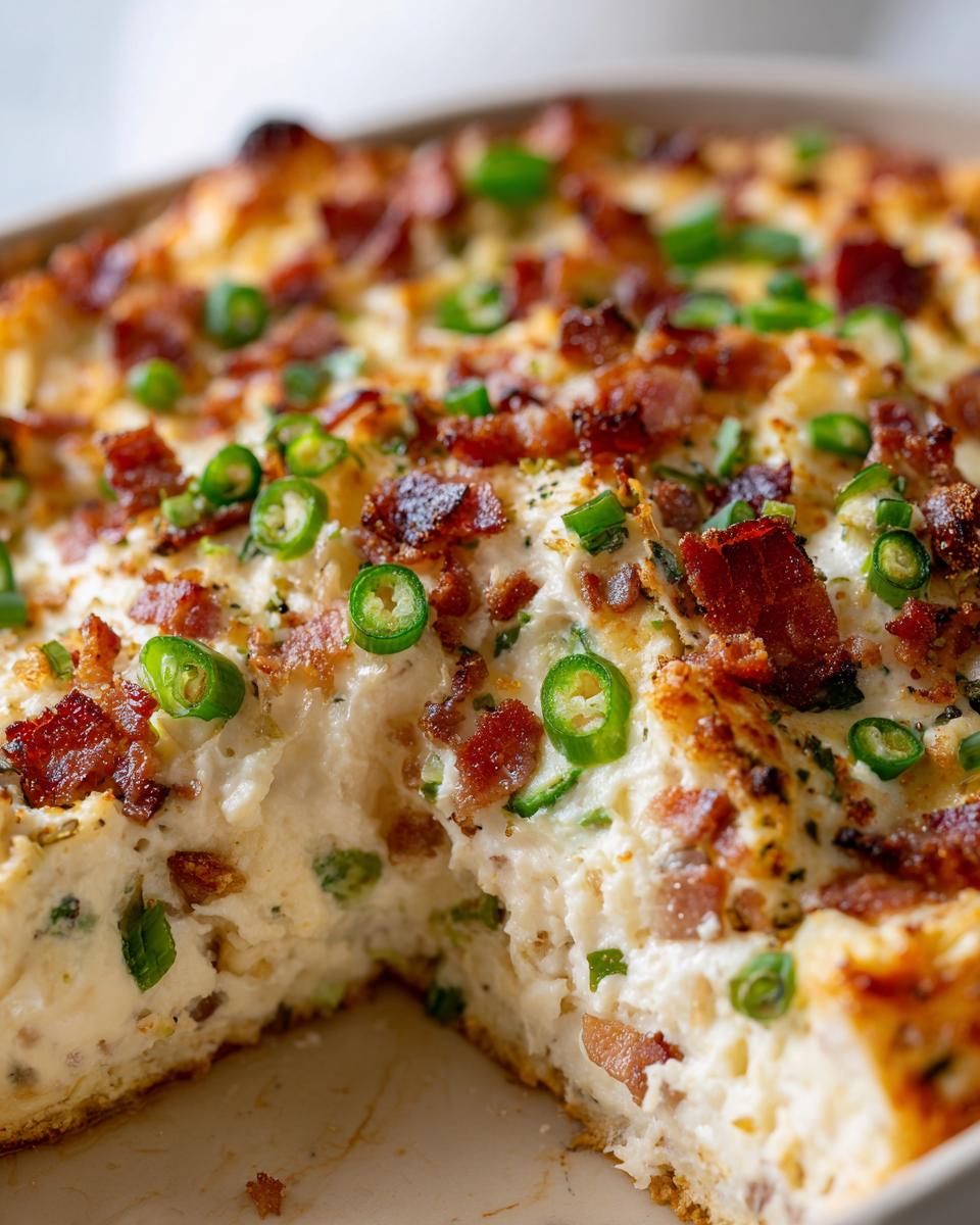 A close-up view of a baked Jalapeño Popper Dip, topped with crispy bacon, sliced jalapeños, and green onions.
