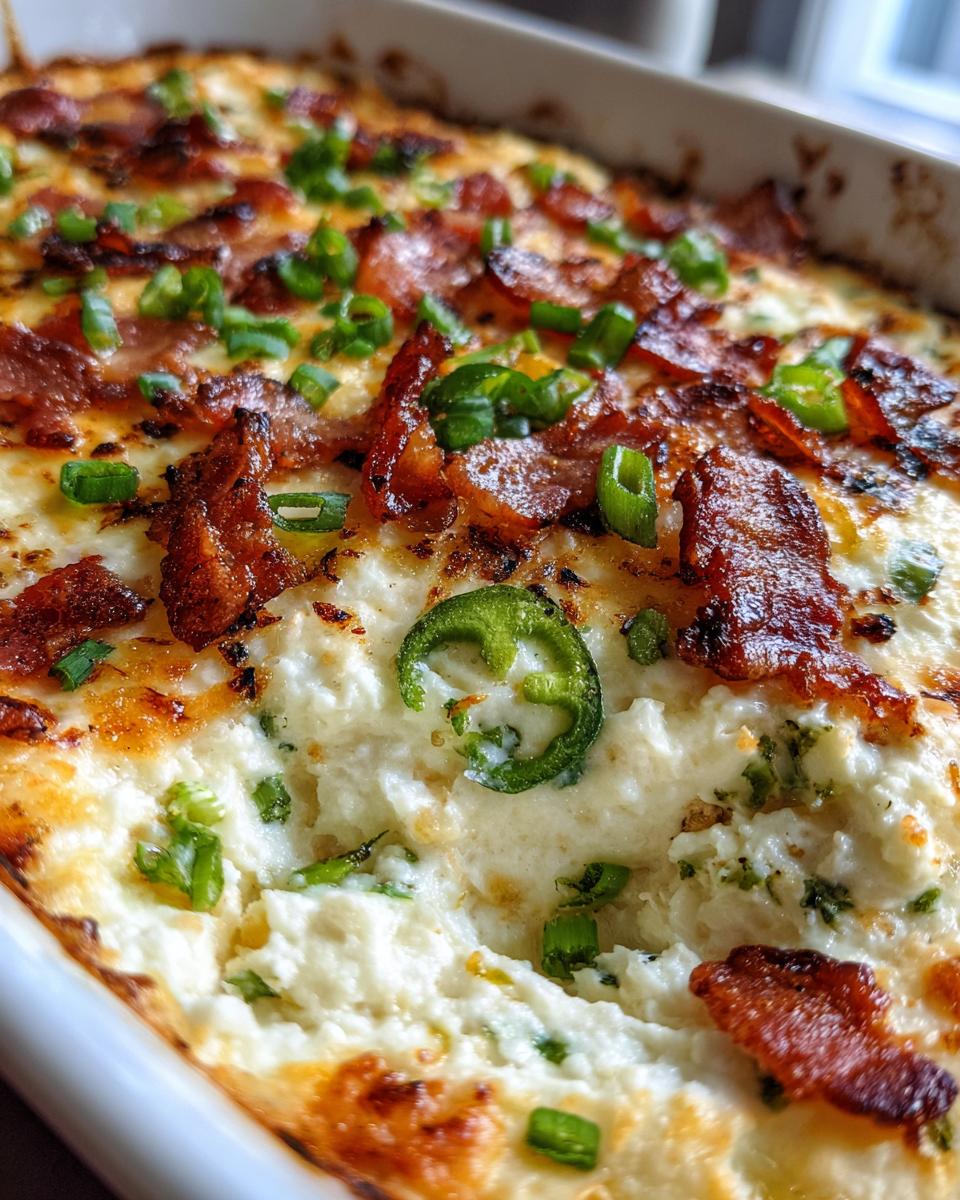 Close-up of a bubbly Jalapeño Popper Dip topped with crispy bacon, green onions, and jalapeño slices.
