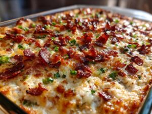 Close-up of a baked Jalapeño Popper Dip topped with crispy bacon and green onions.