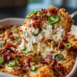 A scoop of creamy Jalapeño Popper Dip with melted cheese, bacon, and jalapeño slices.