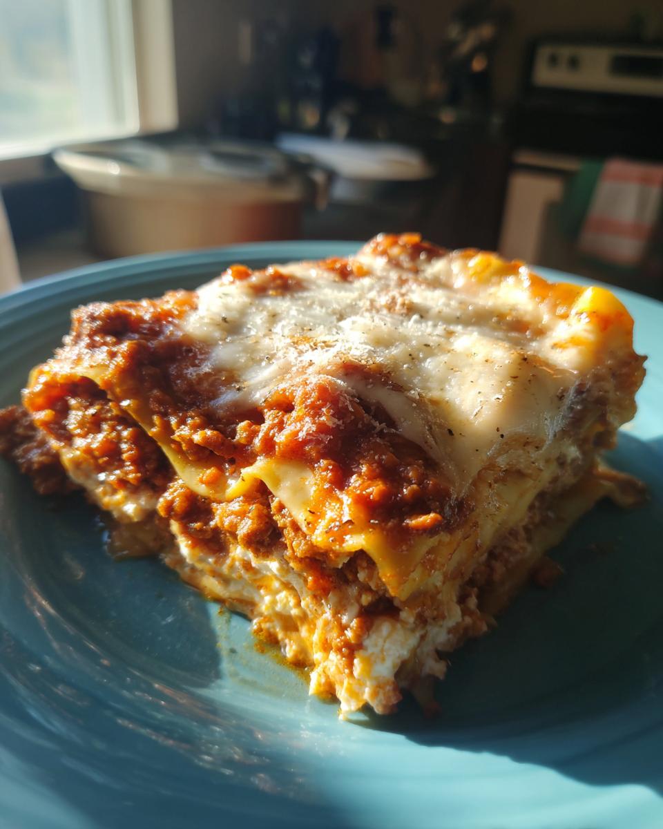 A close-up of a hearty slice of Lasagna with Cottage Cheese, showing layers of pasta, rich meat sauce, and creamy cottage cheese filling.