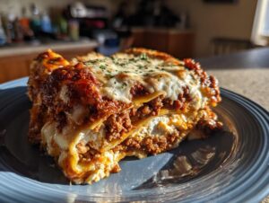 A hearty slice of Lasagna with Cottage Cheese, featuring layers of pasta, rich meat sauce, and creamy cottage cheese filling, topped with melted cheese and parsley.