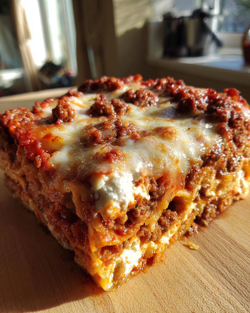 A close-up of a slice of Lasagna with Cottage Cheese, showing layers of pasta, meat sauce, and melted cheese.