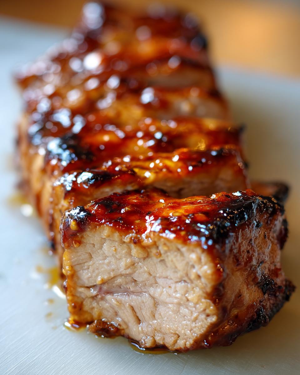 Close-up of a succulent slice of maple mustard pork tenderloin, glistening with glaze.