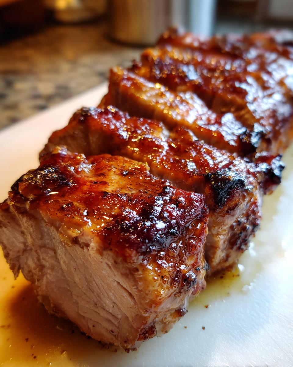 Close-up of sliced maple mustard pork tenderloin, showcasing its juicy interior and glazed exterior.