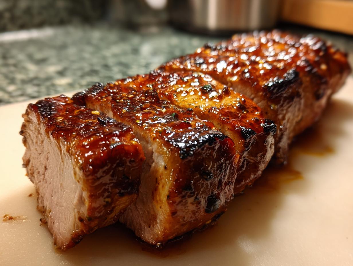 Close-up of a sliced maple mustard pork tenderloin, coated in a glossy, caramelized glaze with visible spices.