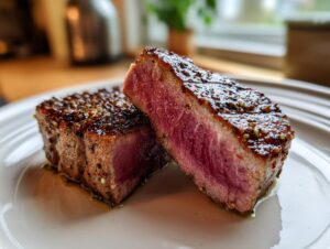 Close-up of two perfectly cooked tuna steak halves, showcasing the pink, juicy interior and a flavorful marinade crust.