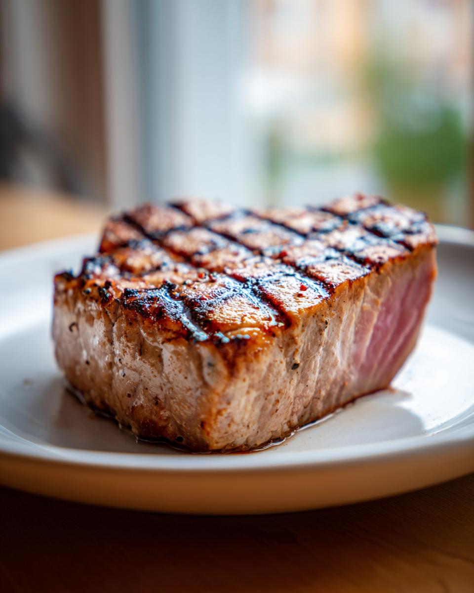 A perfectly grilled MARINADE FOR TUNA STEAK with prominent grill marks, served on a white plate.