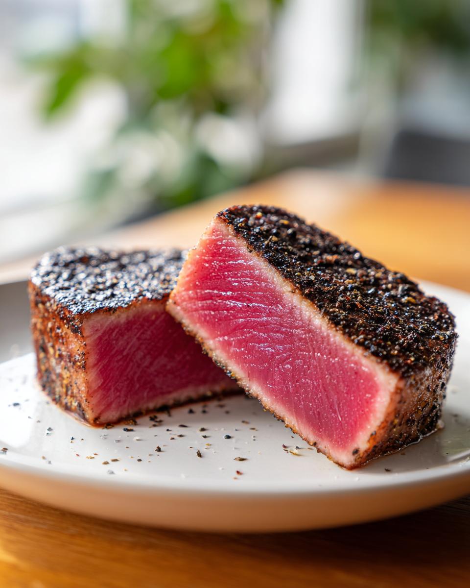 Two perfectly seared tuna steak halves, coated in a peppercorn crust, revealing a vibrant pink interior.