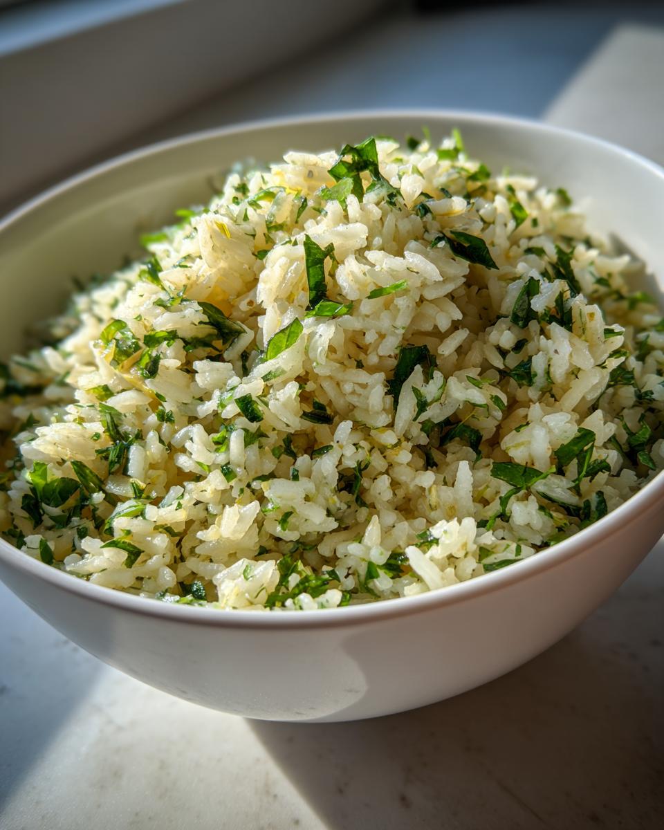 A white bowl filled with fluffy Mediterranean lemon rice, mixed with fresh chopped parsley and lemon zest.