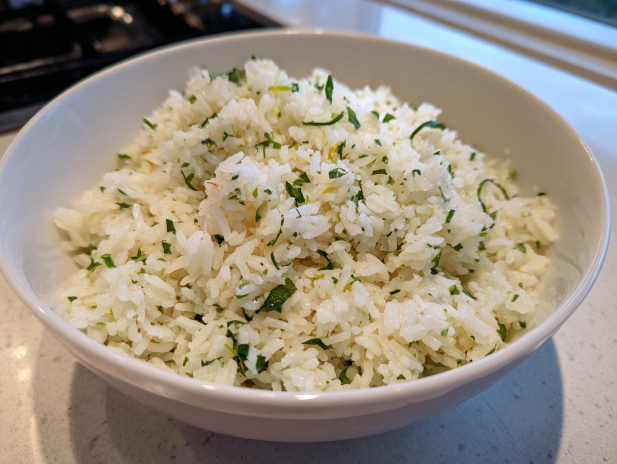 A white bowl filled with fluffy Mediterranean lemon rice, flecked with fresh green herbs and lemon zest.