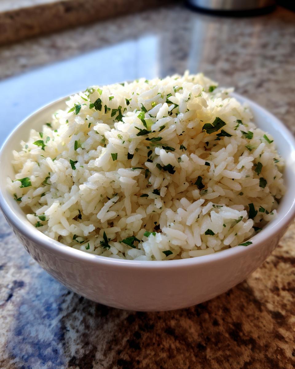 A white bowl filled with fluffy Mediterranean lemon rice, garnished with fresh chopped parsley.