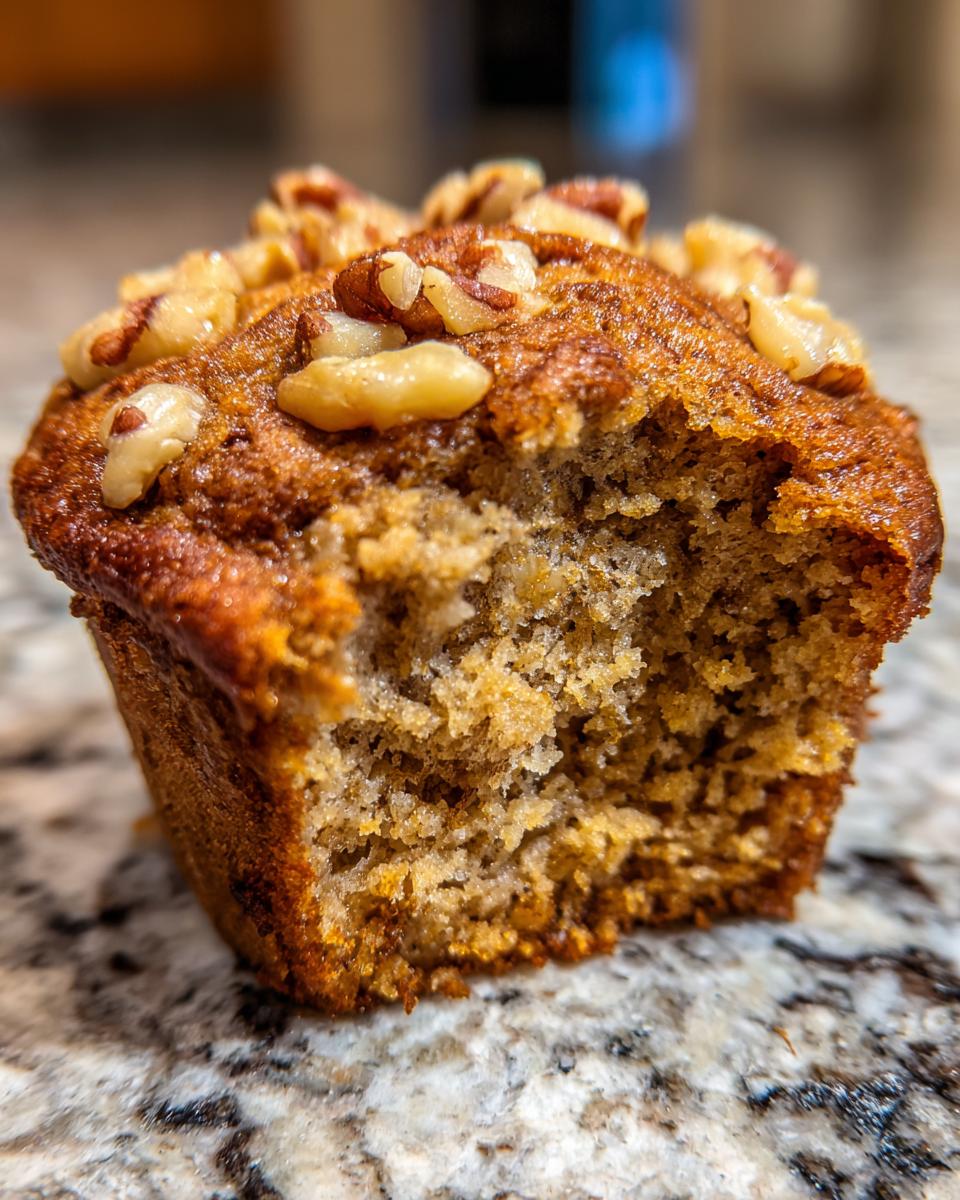 Close-up of a moist banana nut muffin with a bite taken out, topped with chopped pecans.