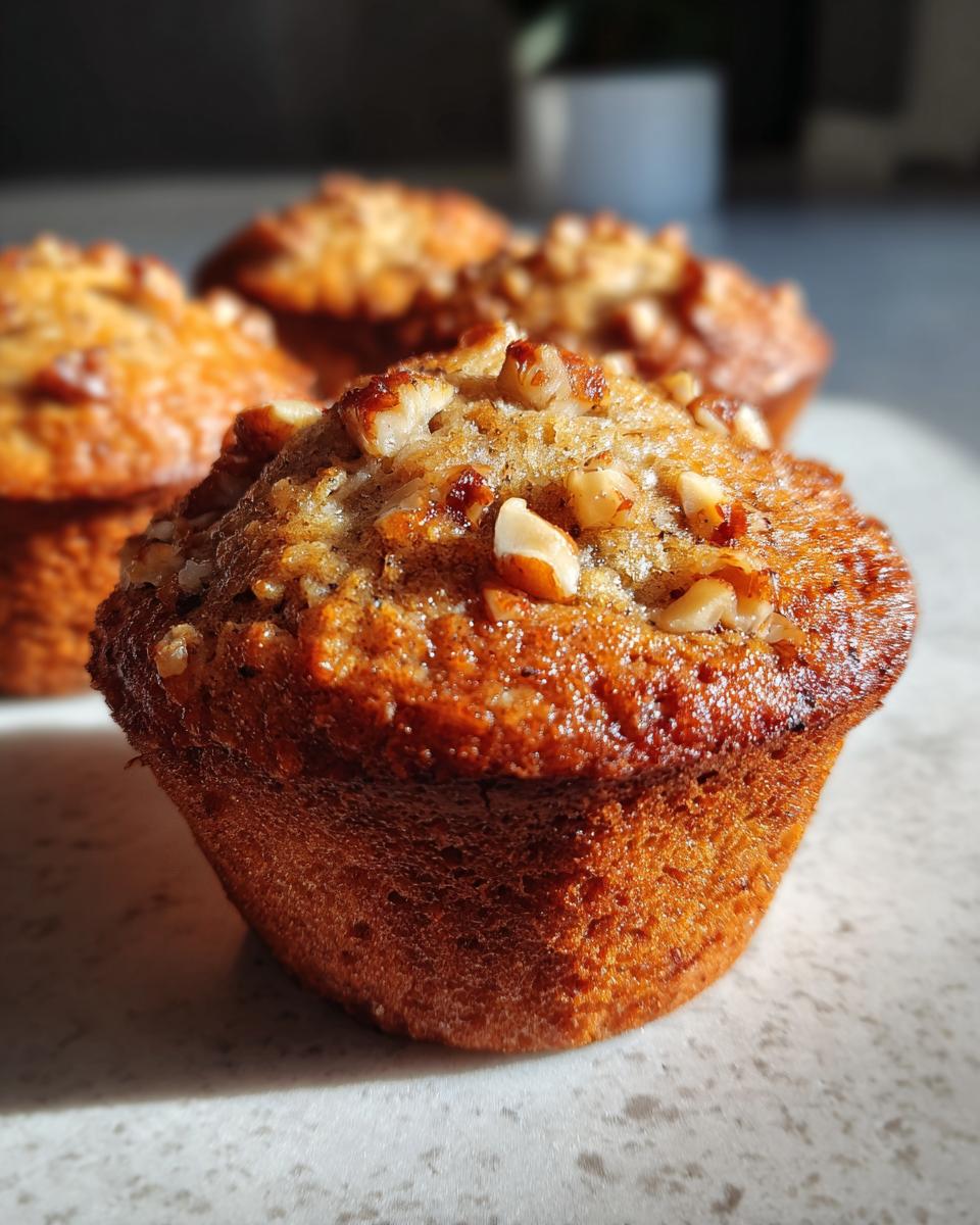 Close-up of golden-brown banana nut muffins, generously topped with chopped walnuts, ready to be enjoyed.