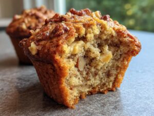 Close-up of a moist banana nut muffin with visible chunks of walnuts and a bite taken out.
