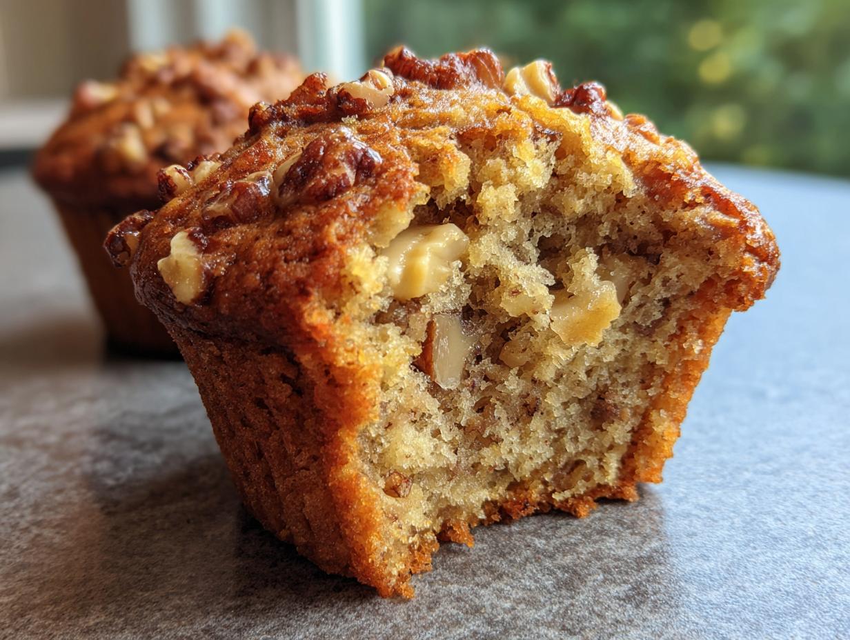 Close-up of a moist banana nut muffin with visible chunks of walnuts and a bite taken out.