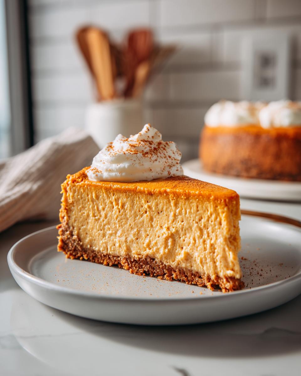 A close-up of a slice of no bake pumpkin cheesecake topped with whipped cream and cinnamon.