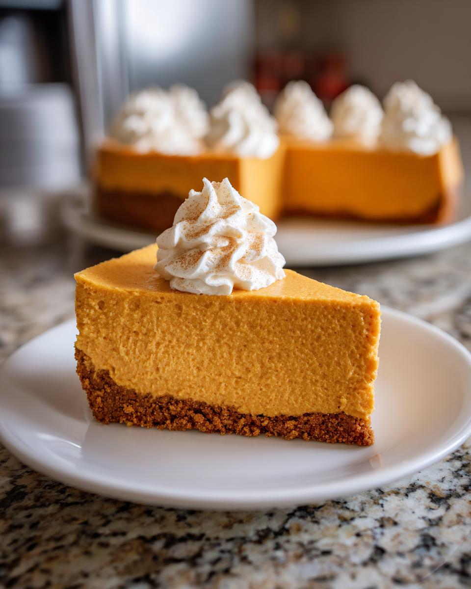 A perfect slice of no bake pumpkin cheesecake topped with whipped cream and a sprinkle of cinnamon.